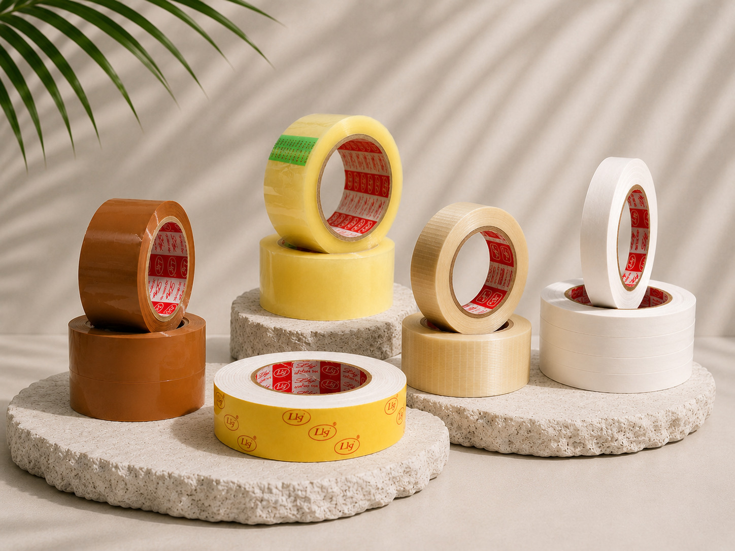 LKJ-branded tape range — BOPP brown carton sealing, double-sided tissue, cross filament & specialty tapes manufactured by Lalit Jain Industries in Sonipat since 1987